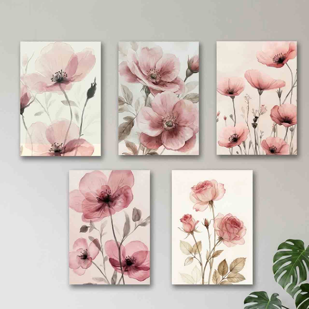 5 Piece Pink Floral Wall Art Set | Modern Flower Painting Wall Decor | Rose & Blossom Canvas Art for Living Room Bedroom Home Decoration