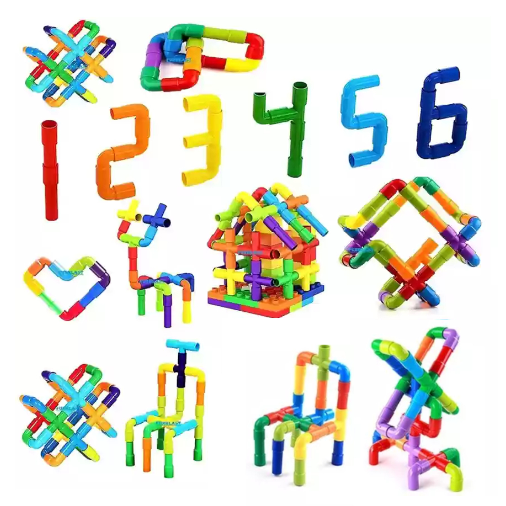 Colorful Creative Pipe Puzzle Building Blocks for Kids - STEM Educational Play, DIY Construction, and Assembly Game - Multicolor Pipe Blocks Set with Wheels