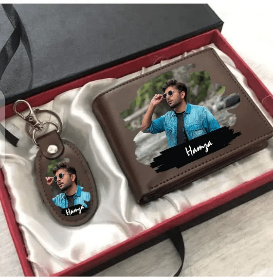 Customized Photo & Name Printed Men's Wallet & Keychain Gift Box Set - Personalized Picture Engraved Wallet Combo Gift for Husband, Boyfriend, Brother