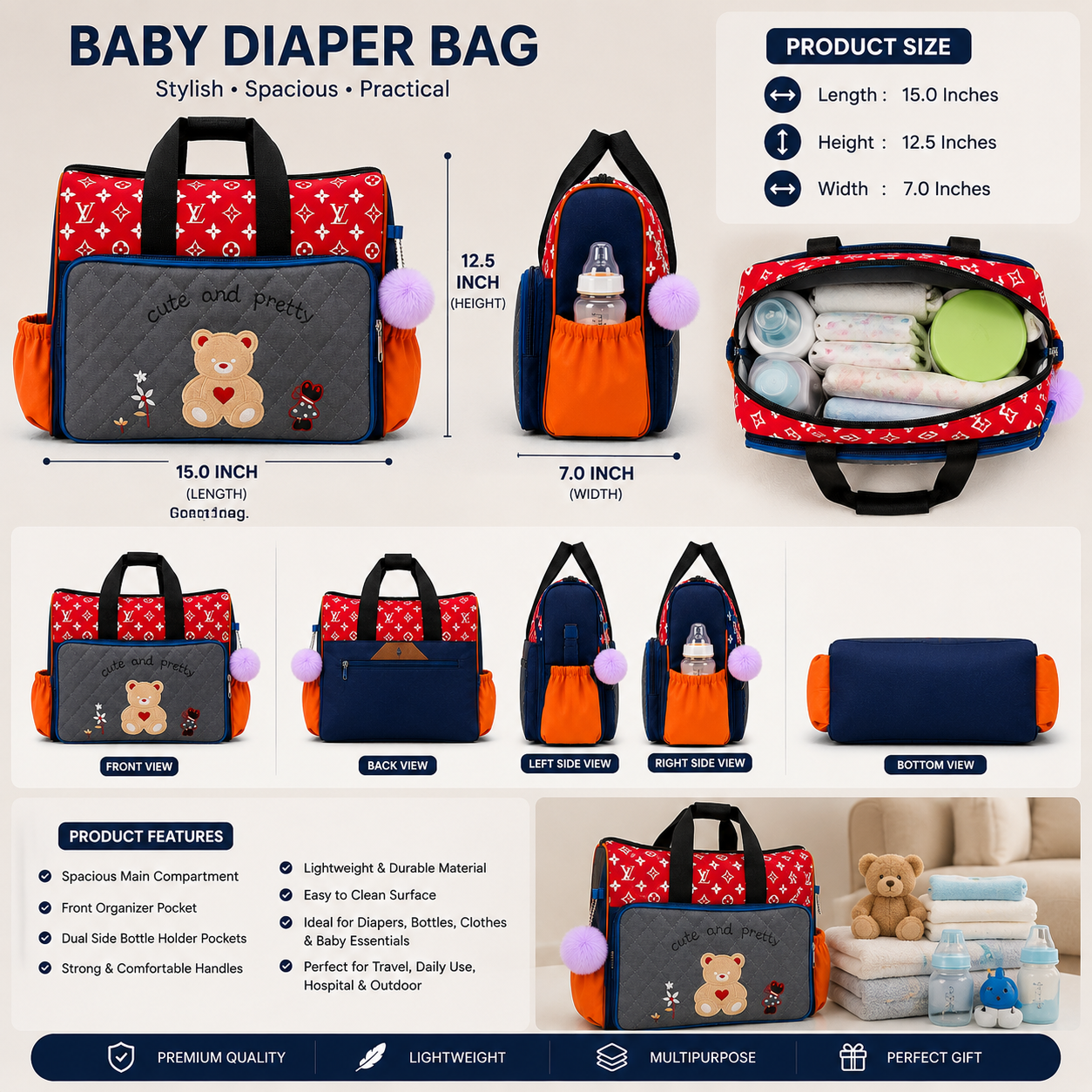 Baby Diaper Bag for Moms | Large Capacity Multi-Pocket Maternity Bag with Bottle Holder | Waterproof Travel Nappy Bag for Baby Essentials | Premium Multi-Pocket Baby Diaper Bag with Bottle Holder