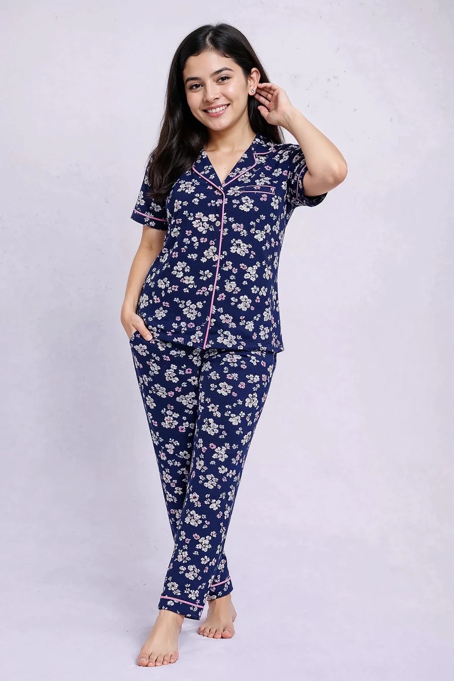 Girls Navy Blue Floral Button Lounge Wear / Night Suit – Soft Cotton Kids Sleepwear Set | Comfortable 2 Piece Pajama Set for Girls | Stylish Printed Night Dress