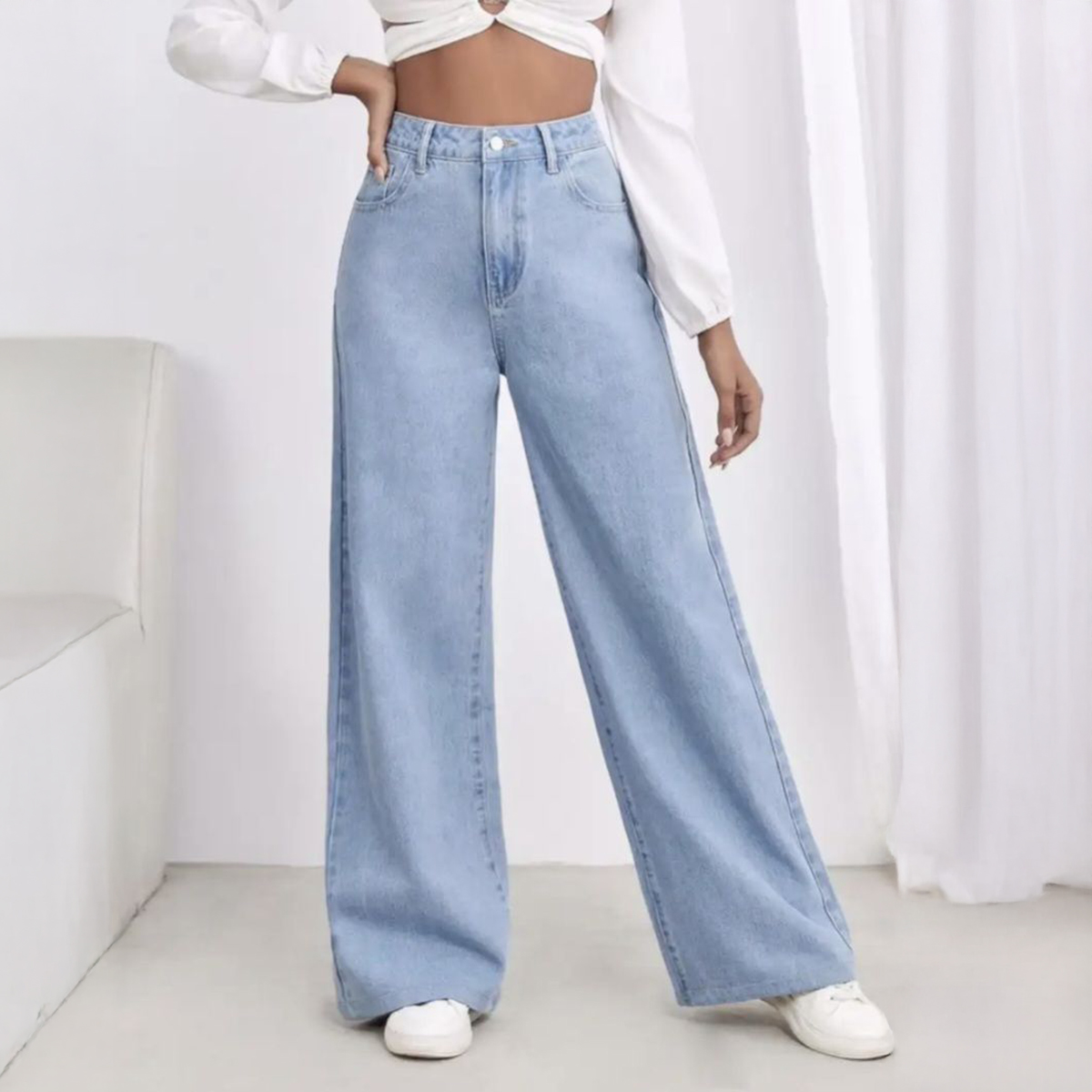 Women's Cloudy Blue High Waist Wide Leg Baggy Jeans, Light Wash Denim, Casual Loose Fit