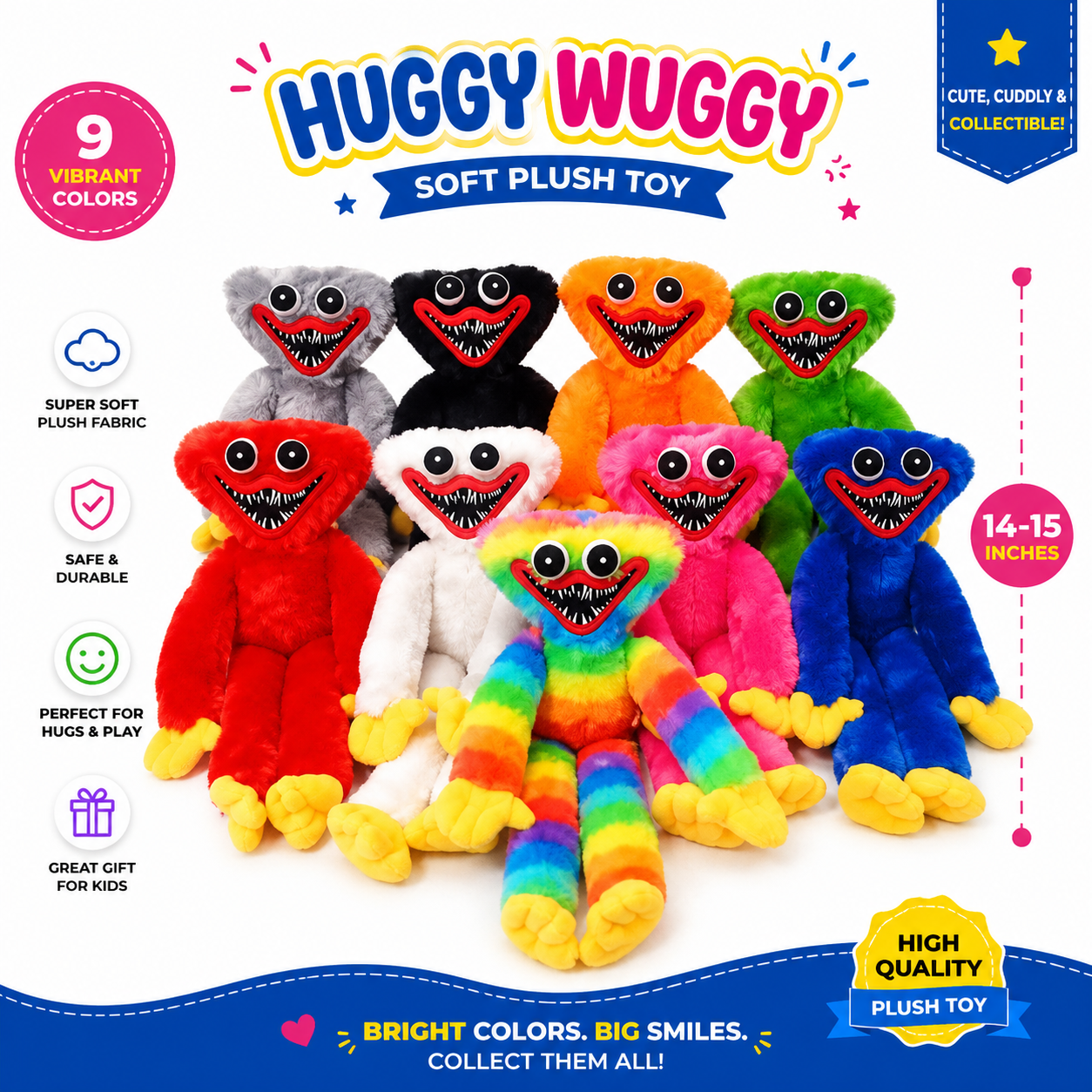 Huggy Wuggy Plush Toy 14-15 Inches  Soft Stuffed Plush Doll  Multiple Color Variants  Premium Quality Teddy  Cute Gift for Kids & Plush Collectors