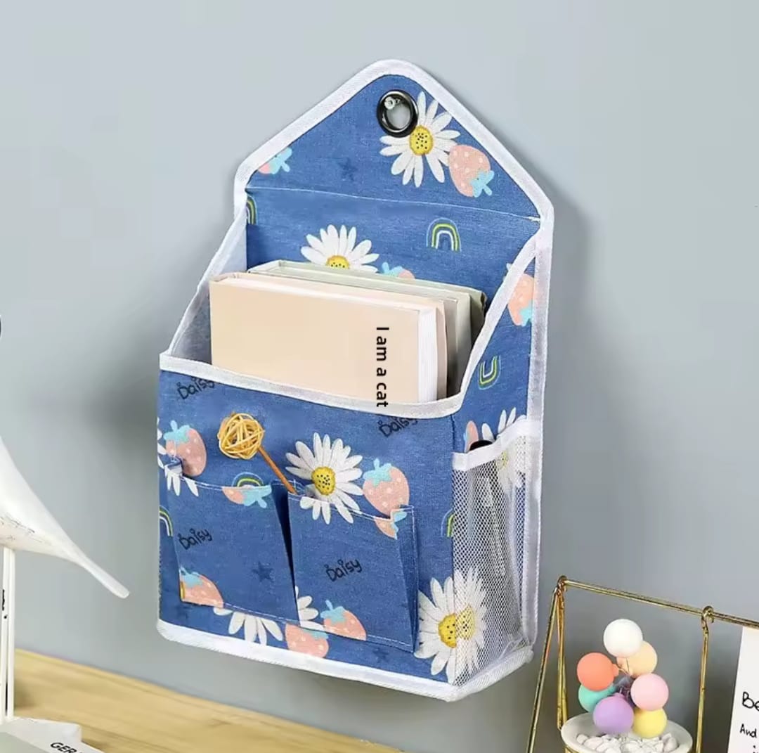 "Multi-Pocket Wall Hanging Organizer for Kids | Cartoon Print Fabric Storage Bag for Stationery, Books & Toys"