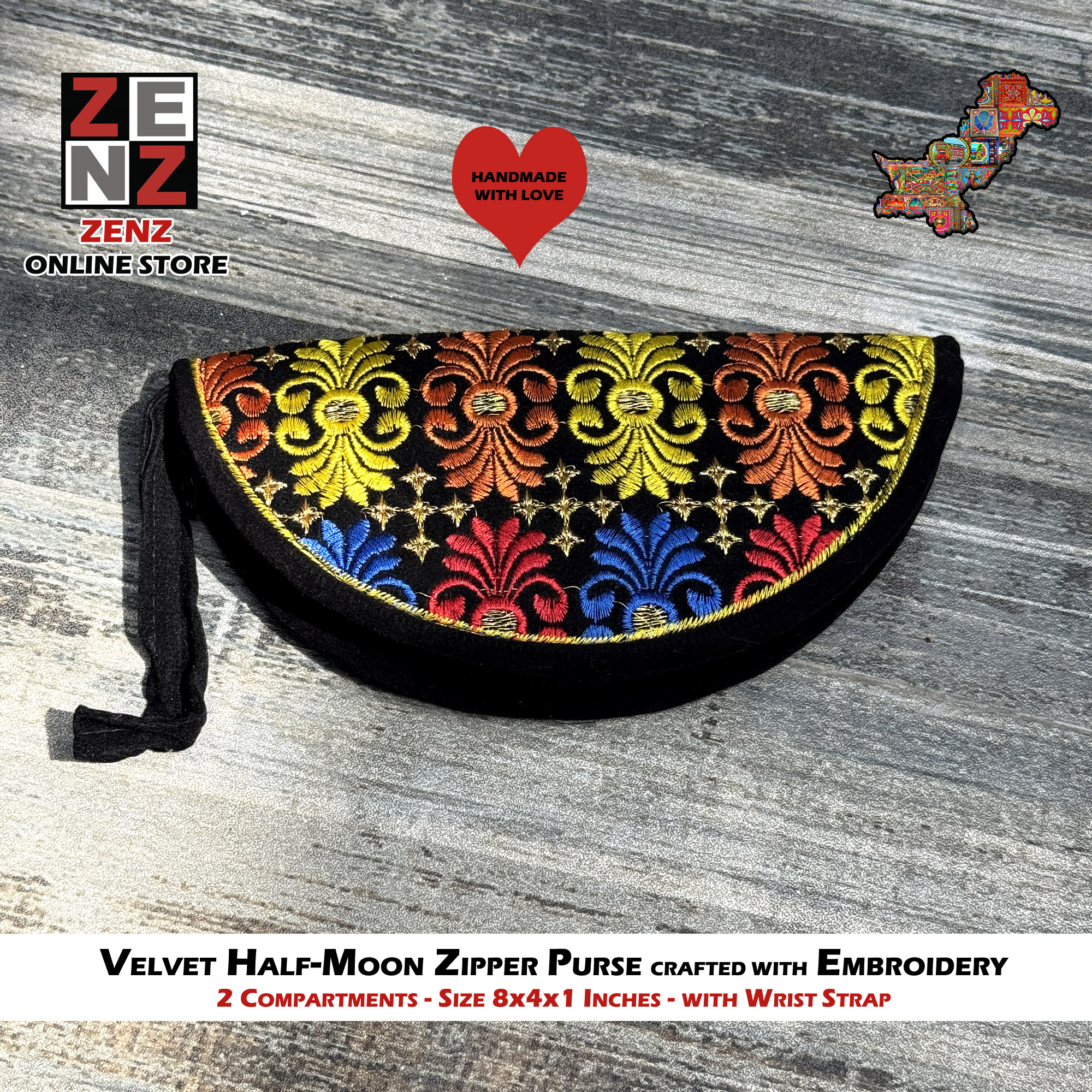 Half Moon Shaped Handmade Black Embroidered Velvet Clutch Purse Size 8x4 Inches crafted with Multicolour Embroidery by ZENZ Pakistani Traditional Vintage Fashion Wear