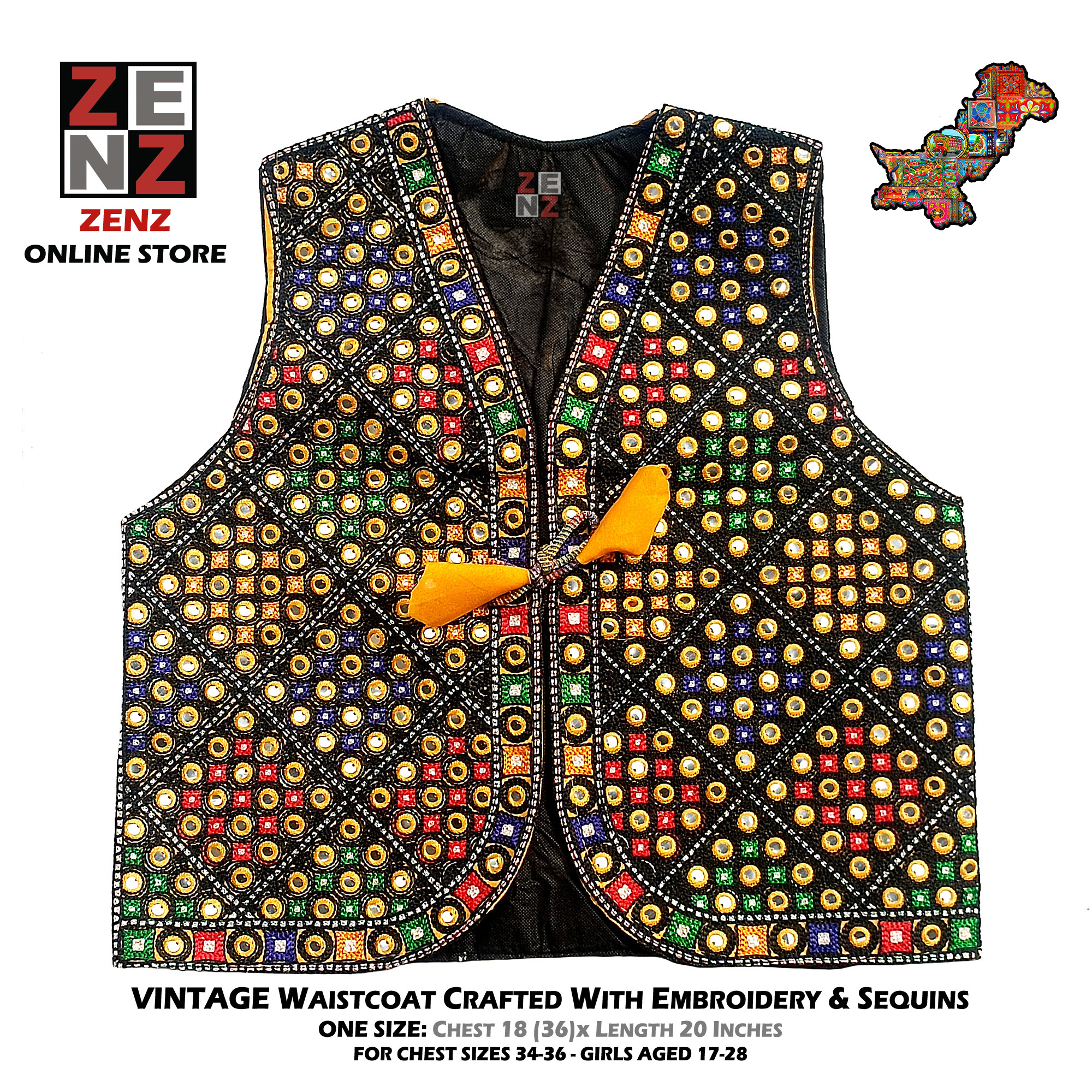Pakistani Sindhi Balochi Pathan Kashmiri Traditional & Cultural Wear Waistcoat Koti Aari Embroidered Multicolor by ZENZ