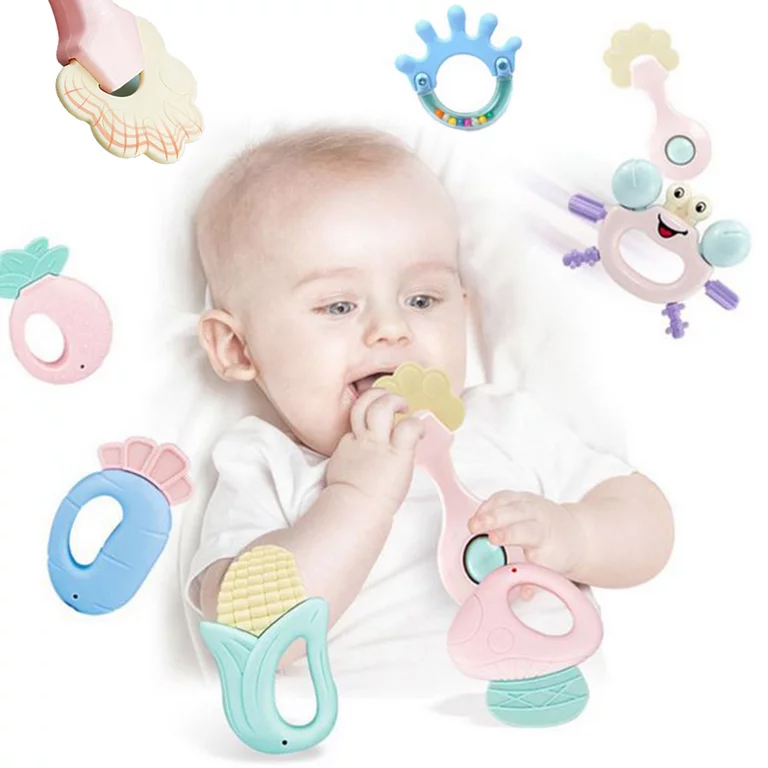 4 Pcs - Baby Soft Silicone Teether & Rattle Infant Toy Set - Baby Hand Holding Rattles Toys - Babies Newborn Series - Sweet Gift - For Kids Boys Girls