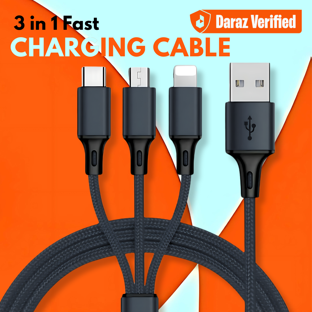 3 in 1 USB Fast Charging Cable for iPhone, Type-C, and Micro USB, 60W, Durable, Tangle-Free, with 24 Months Warranty price in Pakistan