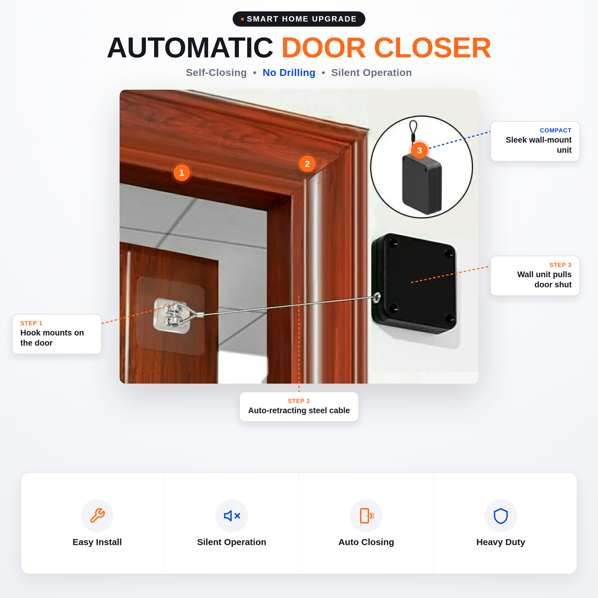 Pack of 2 Automatic Door Closer Punch-Free Self Closing Door Closer | Multifunctional Drawstring Door Closer 800g Pull 1.2m Wire Rope | Easy Install for Wooden Glass Metal Aluminum Doors | Heavy Duty Black