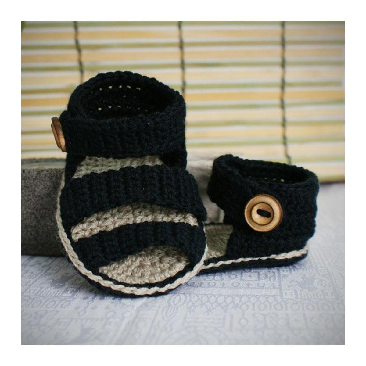 Dashing Black Woolen Handmade Crochet Baby Summer Sandal