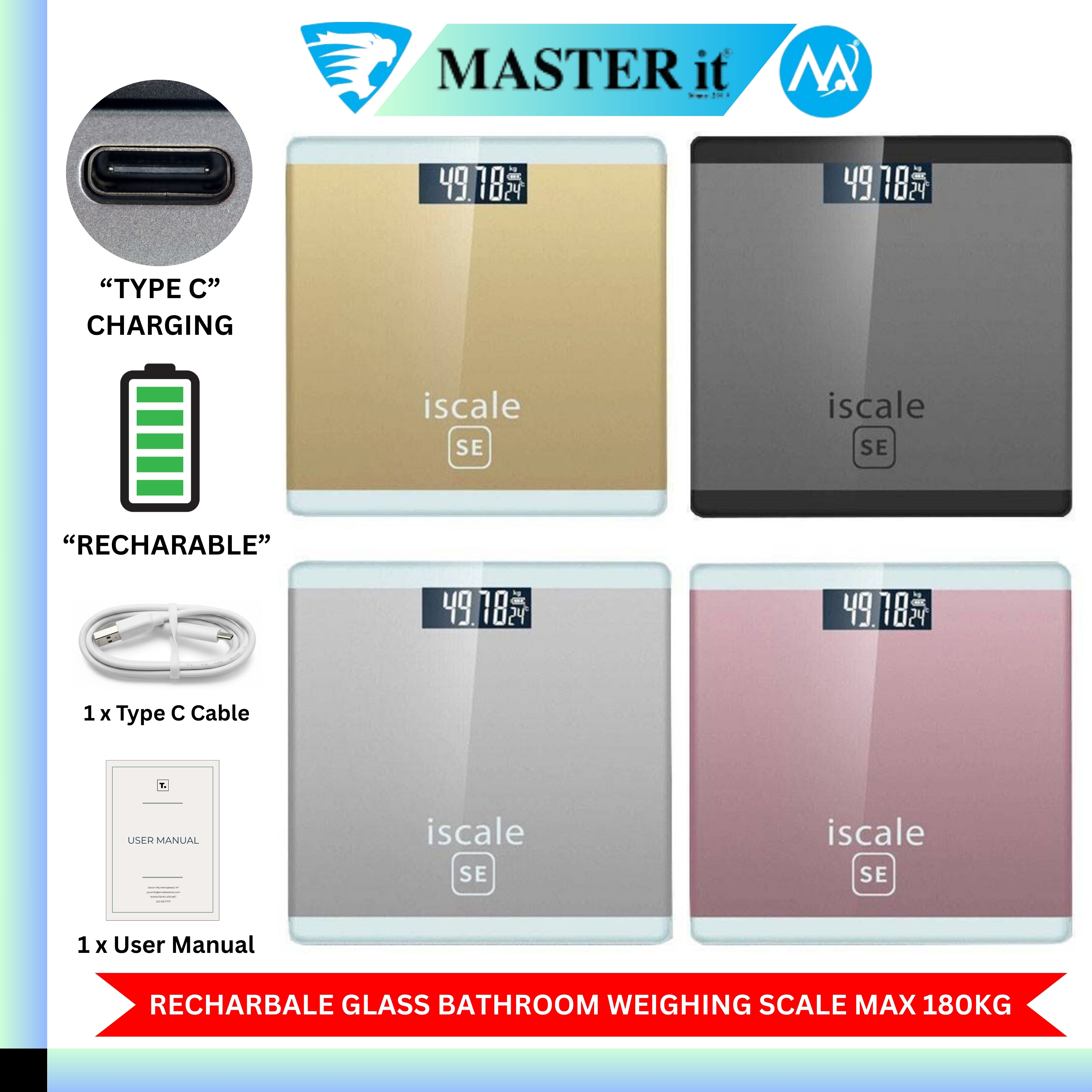 Upto 180kg iScale Type C Charging Rechargeable Weight Machine - Digital Heavy Duty Electronic Weighing Scale with Type C Charging Dual LED Display - Weight Machine With Durable Steel Quality - For Home & Personal Use - Black/Golden/Pink/Silver