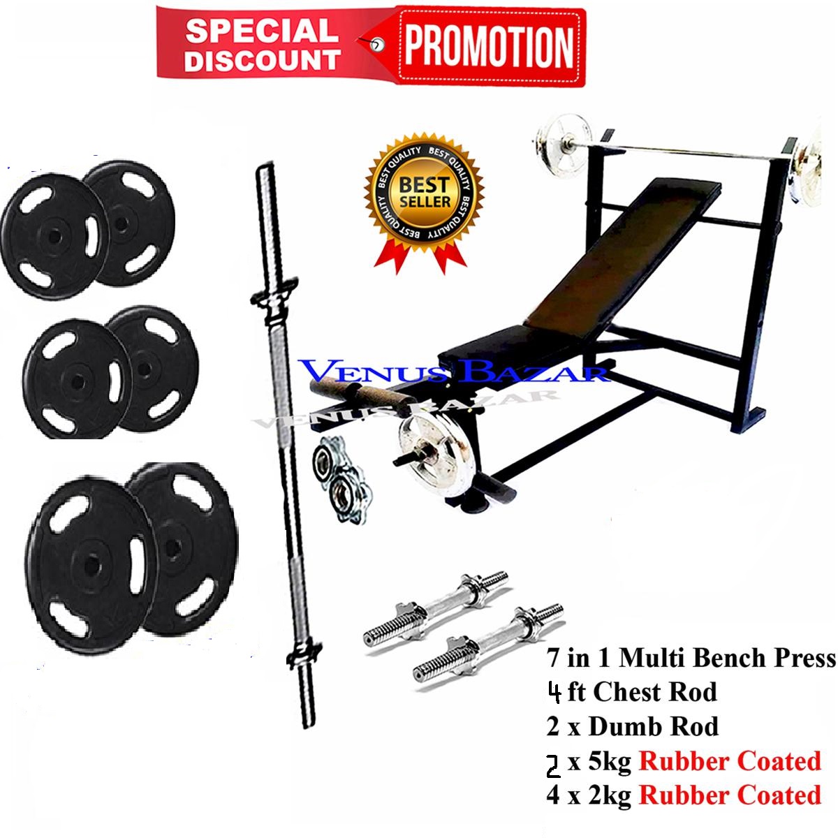 48kg Weight Set 7 in 1 Multi Position Flexible Chest Bench Press Rubber