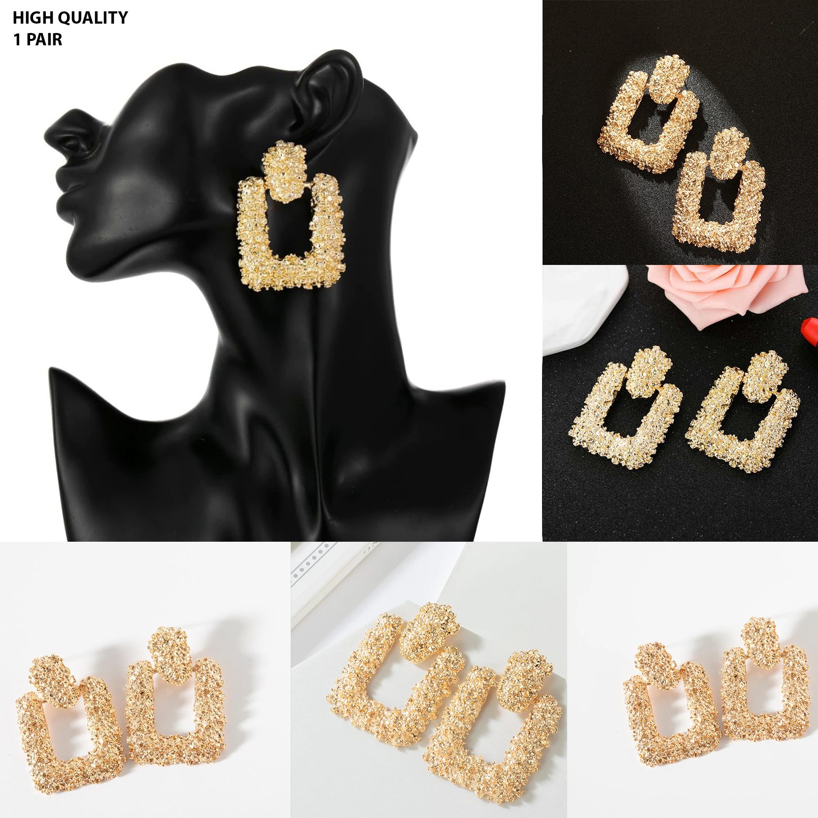 African Style Golden Square Earrings â€“ Trendy Drop Jewelry