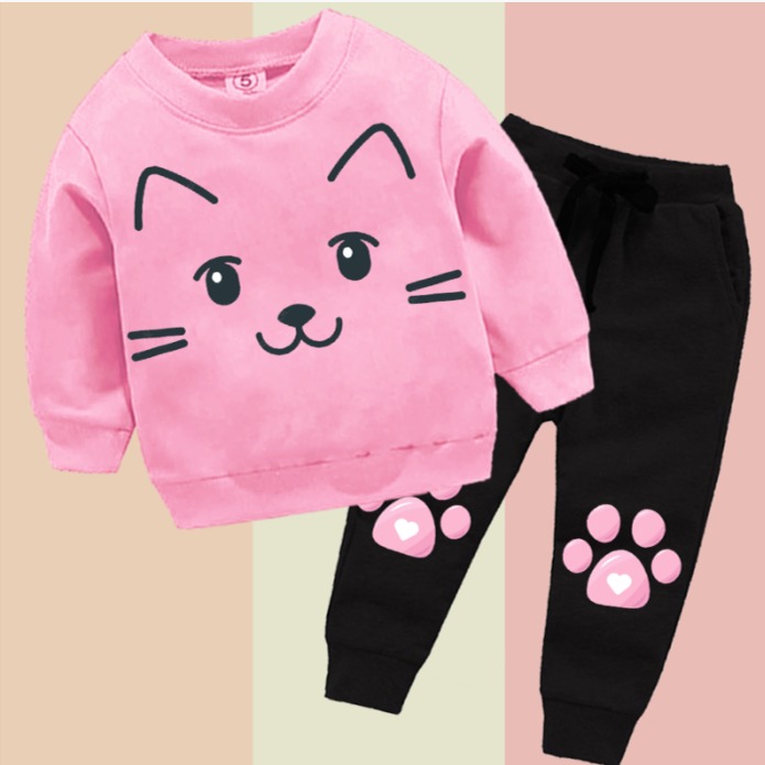 Cute Kitty Meow Printed Girl's Cartoon Cat Graphic Crew Neck Sweatshirt Pullover Tops and Sweatpants Two Piece Outfit