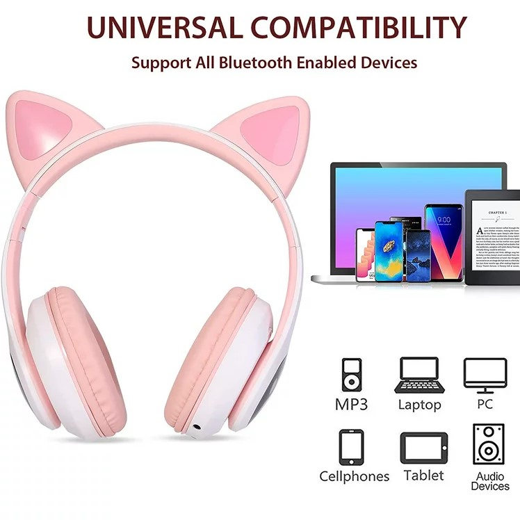 Cat Ear Wireless Bluetooth Headphones for Girls with LED Light and Microphone