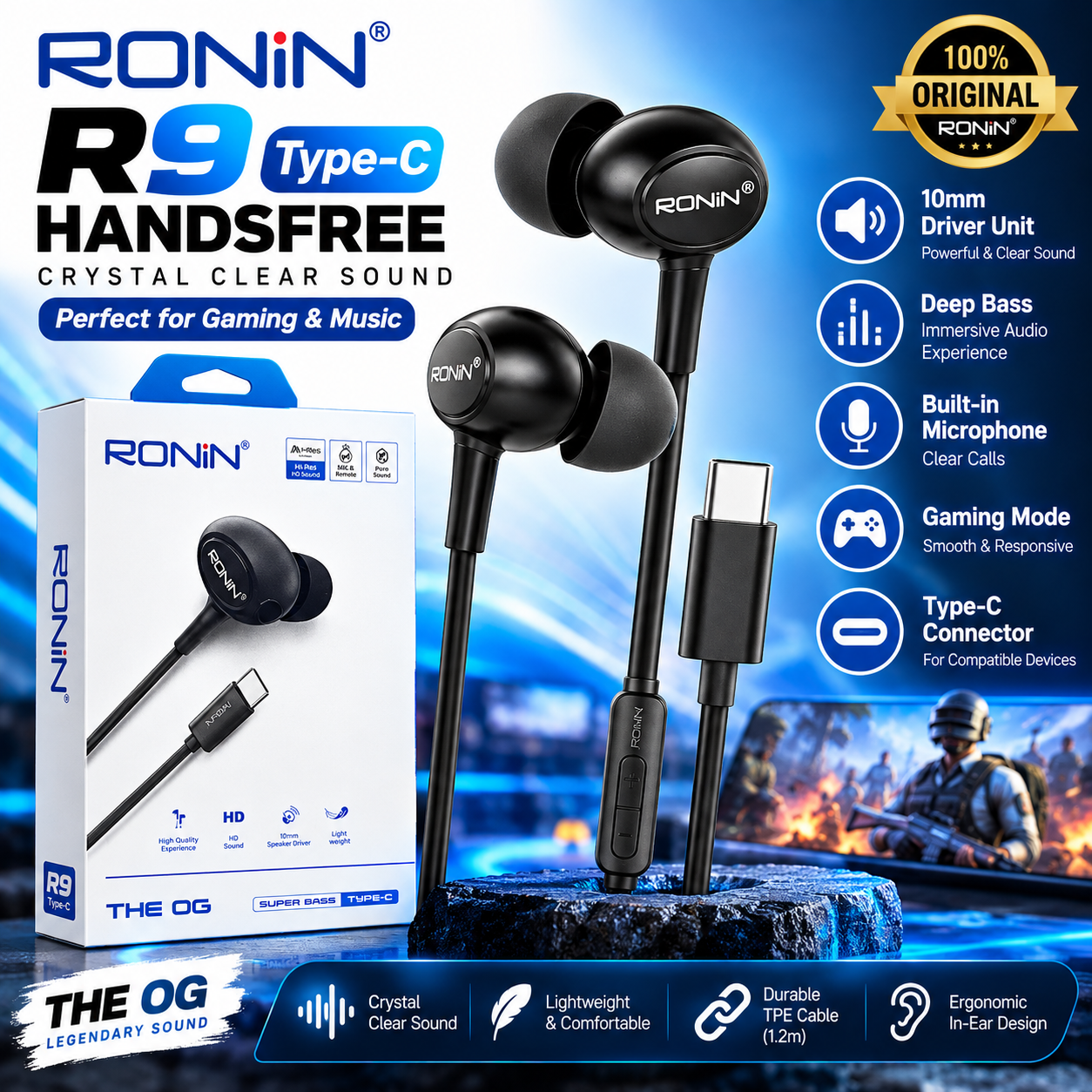 Ronin R9 Type-C Original Handfree | Crystal Clear Sound Stereo Earphones | 10mm Driver | Built-in Microphone | Gaming & Music