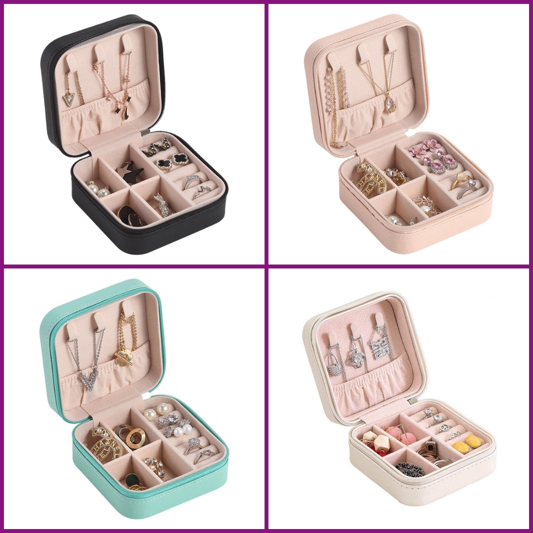 Mini Leather Jewellery Box Organizer with Zip 2 Layers Cosmetics Ear