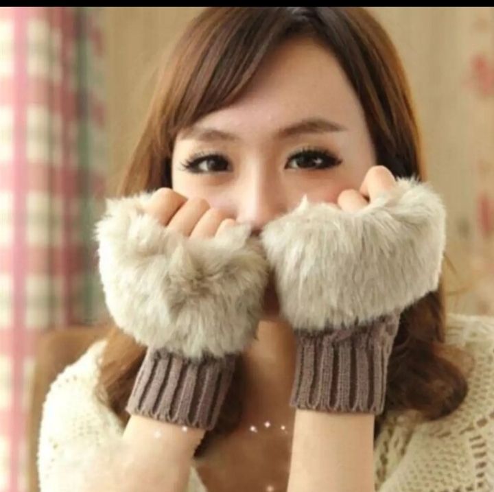 OASIS BLUE Fashion Women Faux Rebbit Fur Hand Wrist Warmer Winter Fingerless Knitted Gloves