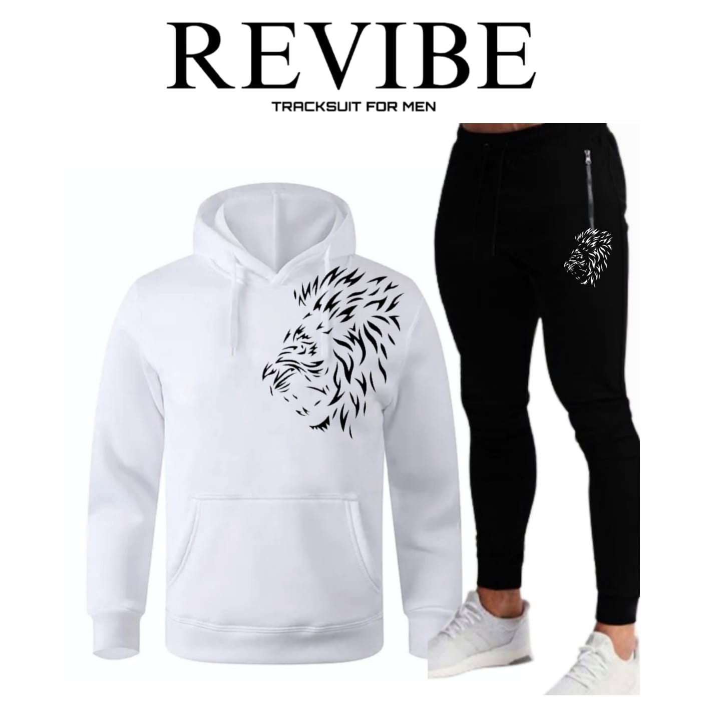 REVIBE - Black Lion Printed Tracksuit For Men - Hoodies For Men