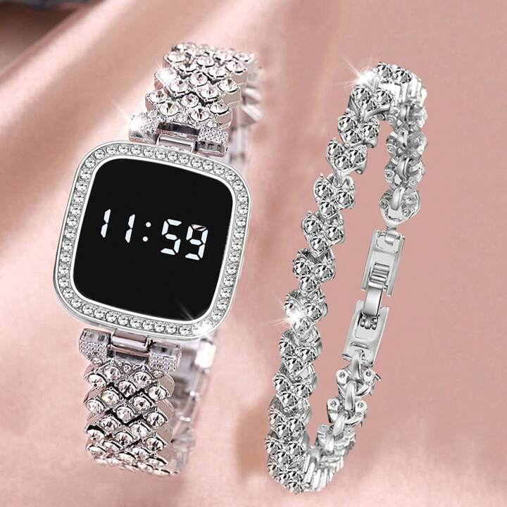Ladies Silver Diamond Digital Touch Screen LED Watch For Women With Bracelet | Stylish Ladies Watches in Round Dial With Diamond Stainless Steel Jewelry Chain | Korean Watches For Girls