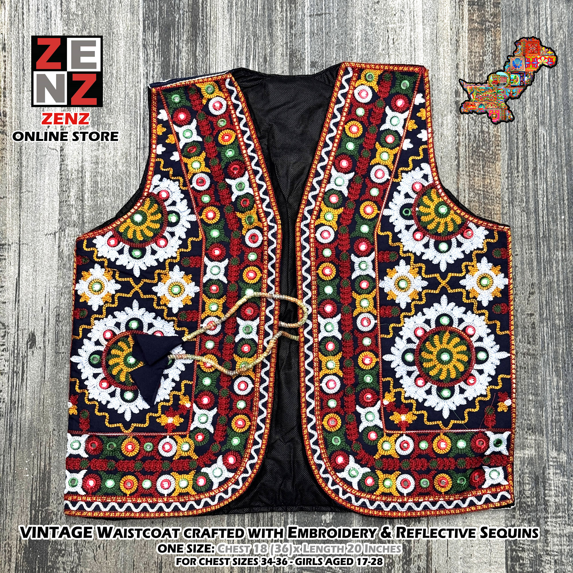 Pakistani Sindhi Balochi Pashtoon Traditional Cultural Wear Waistcoat Koti for Womens Ladies Size 18 x 19-20 Inches Embroiderd Waist Coat Gilet ZENZ Vintage Handicrafts