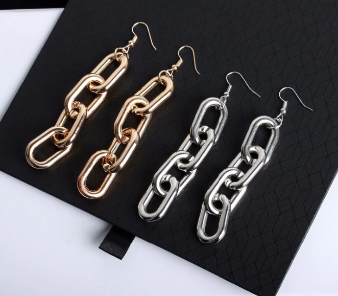 4 Loops Thick Chain Metallic Pendant Punk Golden Silver Plated Dangle Earrings Drop Earrings