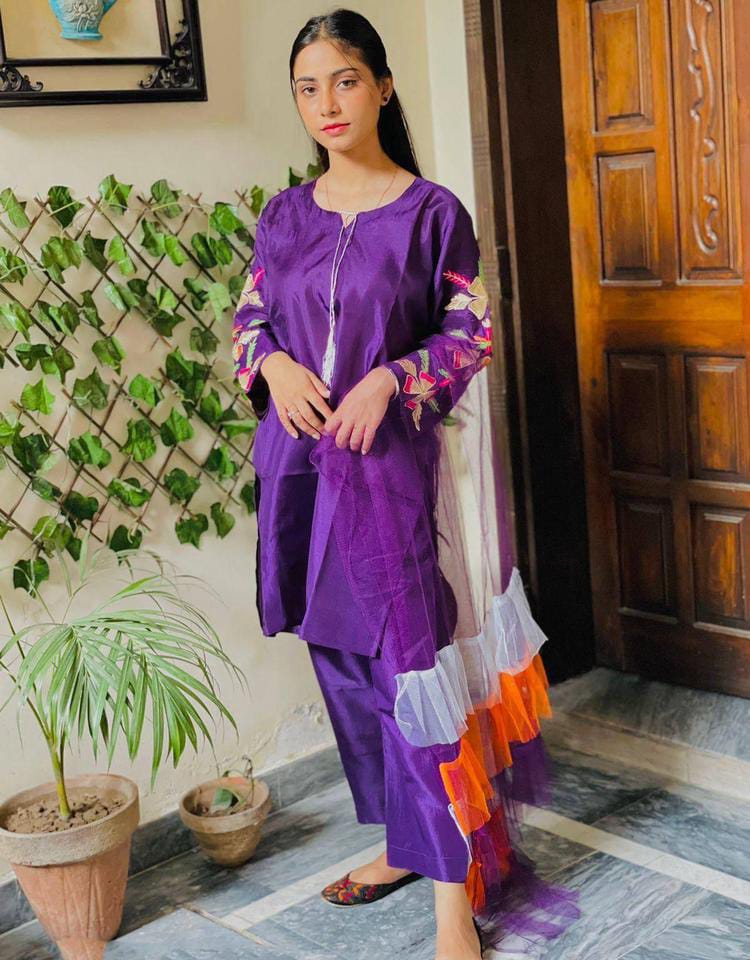 Katan Silk Fancy Net Dupatta Embroidery Three Pieces For Girls.