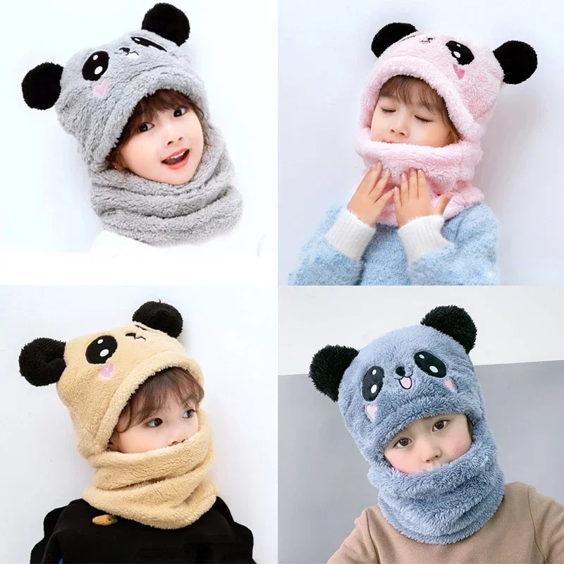 Beanie Cap Neck Warmer Beanie| Wool Caps For Kids Winter Thicken Warm Kids Hat Scarf All-in-one Fleece Boys Girls Cap Beanie Cute Cartoon Panda Toddler Children Hat Bonnet
