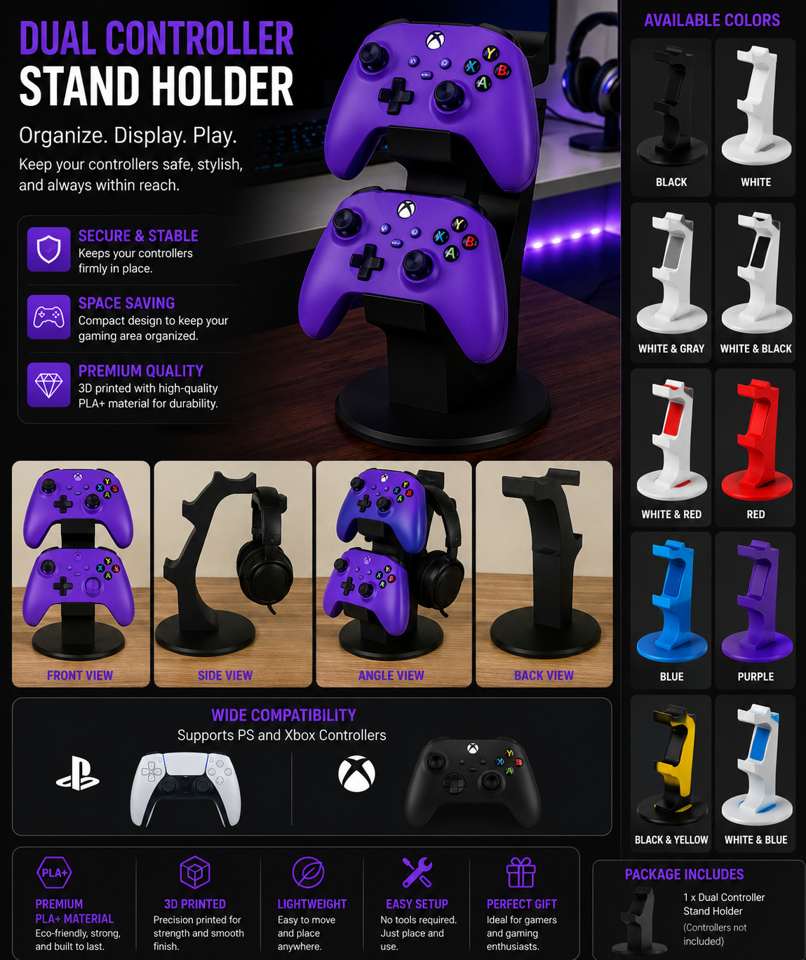 Dual Controller & Headset Stand Holder | Compatible with PS & Xbox Style Controllers | Gaming Desk Organizer