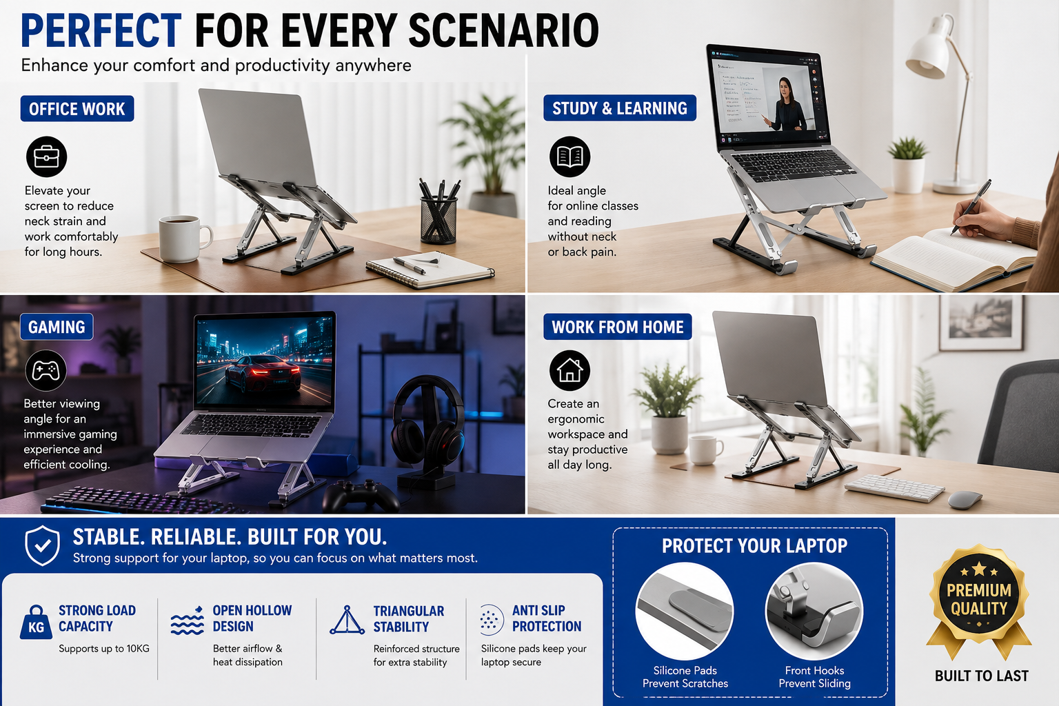 Laptop Cooling Stand Dual Single Fan Detachable Aluminium Adjustable 7 Gear Height Foldable Portable Anti Slip Rubber Grip Full Metal Body Ergonomic Notebook Riser Holder For Makbook Gaming PC Tablet Silver Black Office Home Desk Study Table Use