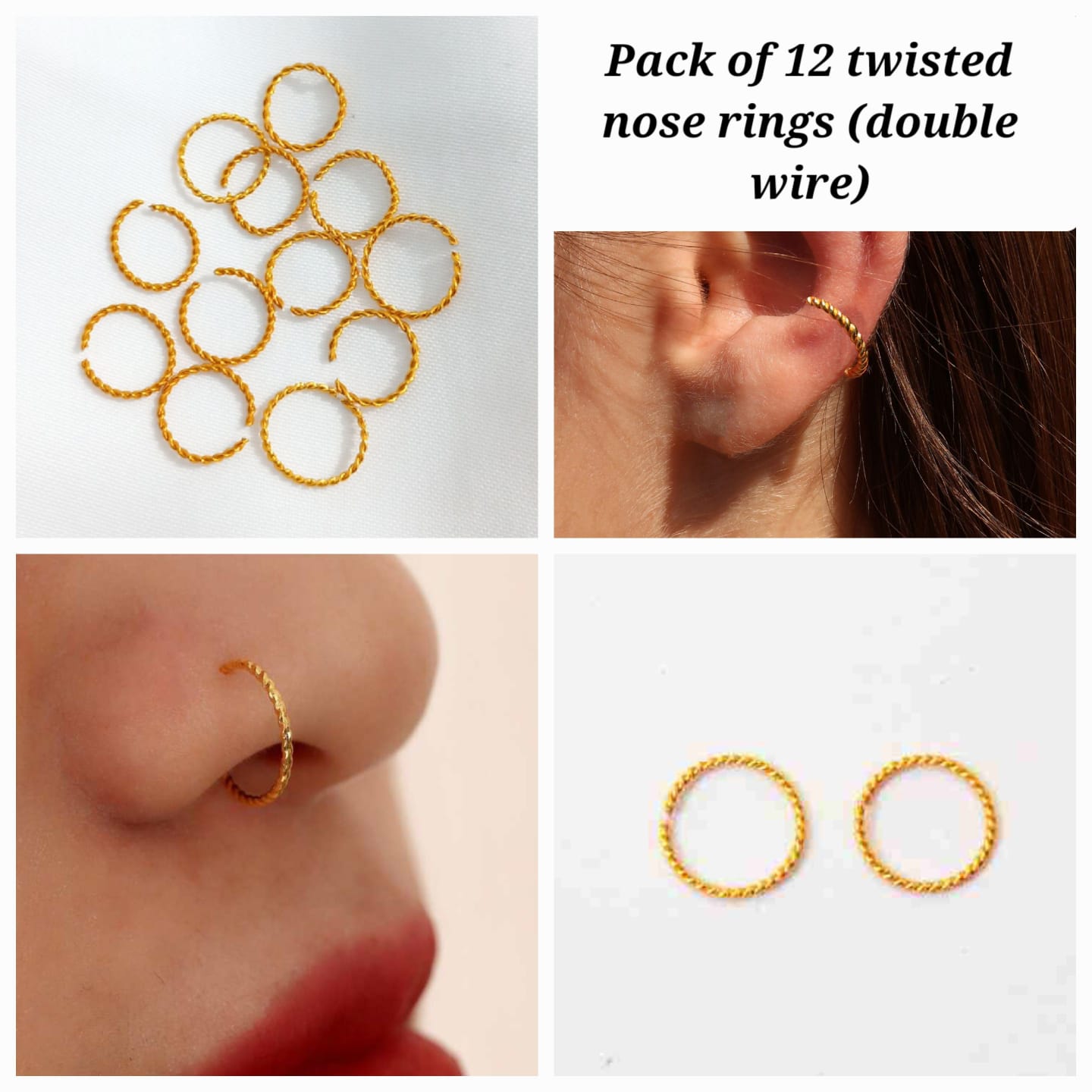Pack of 3/12 golden/silver/Random/multi color nose rings round zircon ...