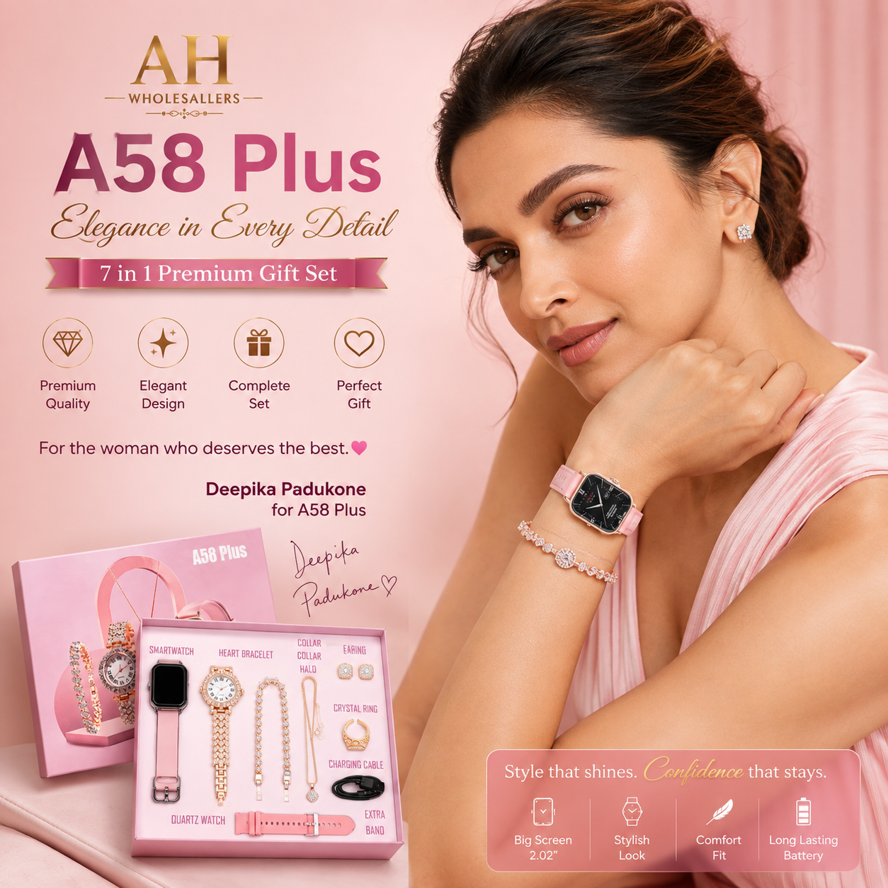 🌸 A58 Plus 7-in-1 Smartwatch Premium Gift Set