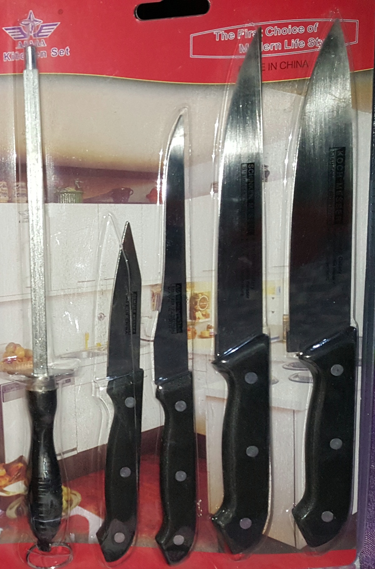 Kitchen Knife Set 4 Stainless Steel Knives + 1 Sharpener