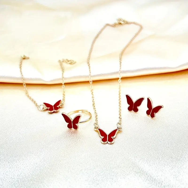 1Set Fashion Exquisite Simple Versatile Butterfly Necklace Bracelet Earrings Ring For Women Girls Wedding Party Jewelry Set