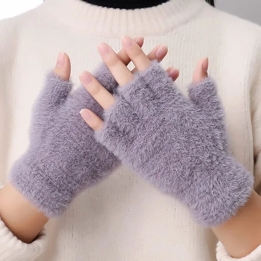 Half Finger Gloves for Girls, Plush Fingerless Gloves in