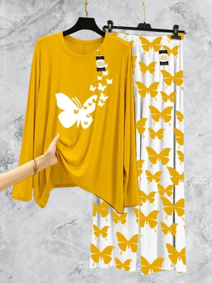 Mustard Color Flying Butterfly Printed Women Night Suit with Luxurious Butterfly Printed Pajamas - Stylish Sleepwear Set For Women By Aua garments