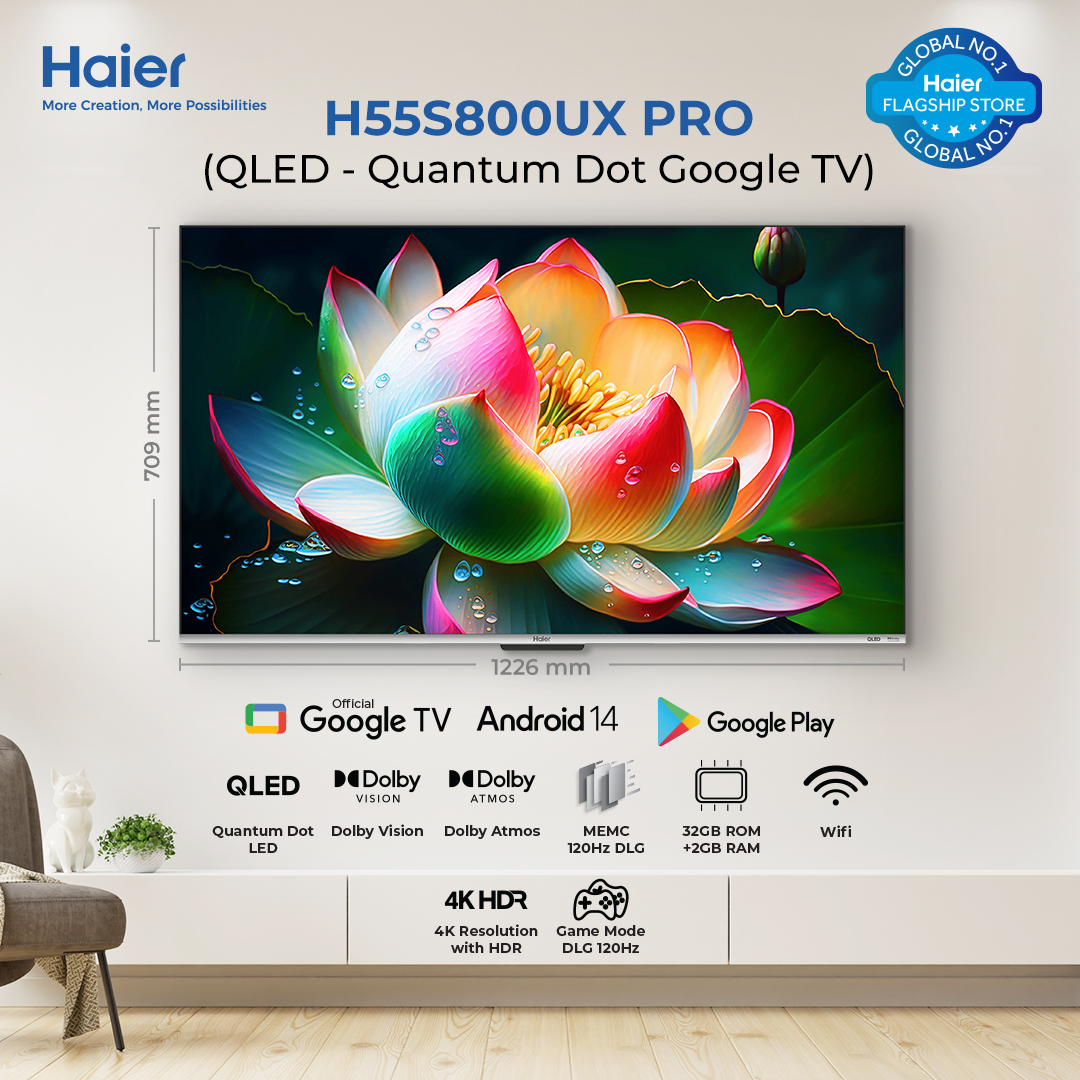 Haier 55" QLED Google TV - S800 Series - H55S800UX ( Dolby Vision + Bezeless + 4K UHD )/ Brand Warranty + Free Professional Installation By Haier