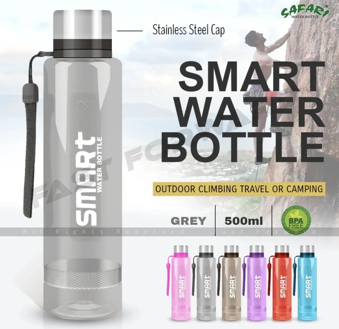 Water bottle- gym water bottle- jogging water bottle Safari smart water bottle with stainless steel cap for outdoor climbing in different colours traveling camping 500 ml best price