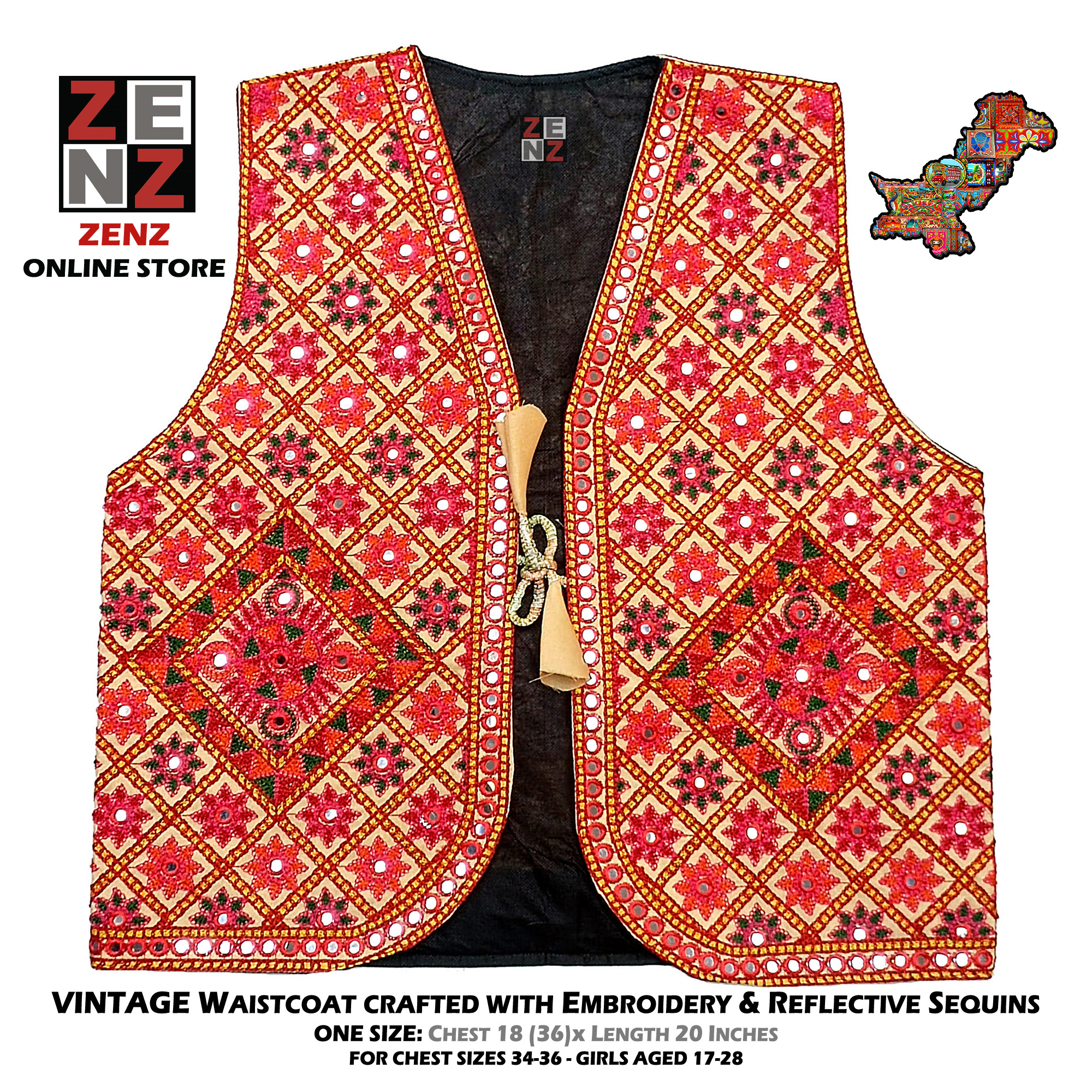 Womens Beige Embroidered Sindhi Traditional & Cultural Wear Waist Coat Koti for Adults Females Chest 18 x Length 20 Inches Beige Multicolor by ZENZ Vintage Pakistani Crafts Gilet Waistcoat