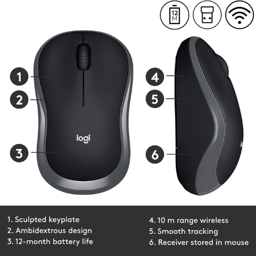 Logitech M185 Compact Wireless Gaming Mouse Comfortable High Definition Tracking USB Bluetooth Dongle for Laptop PC Computer Games Office Home & Work