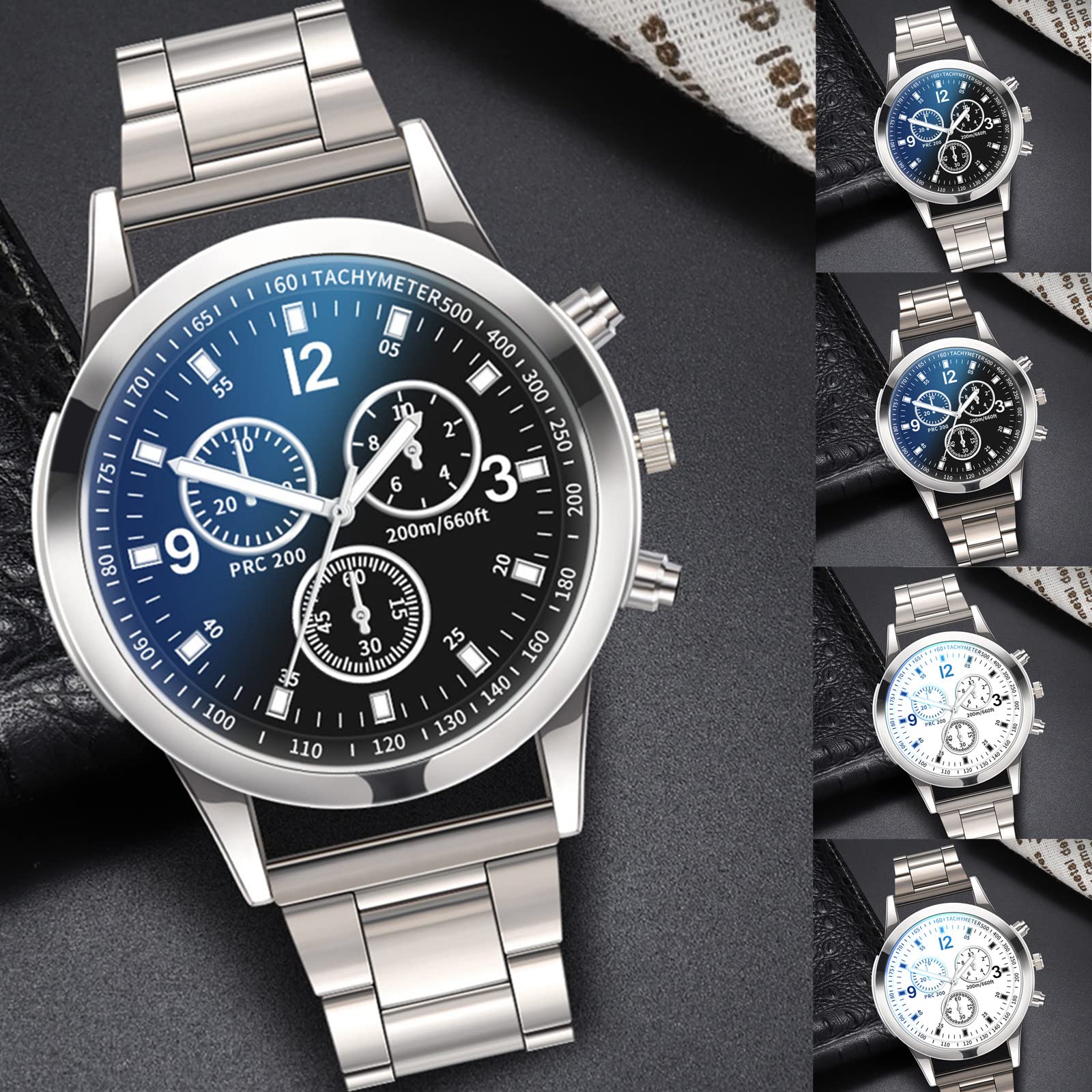 Pack of 4 Watch Set for Men Stainless Steel Quartz Watch with Bracelet Ring and Locket Business and Casual Style Multiple Colors