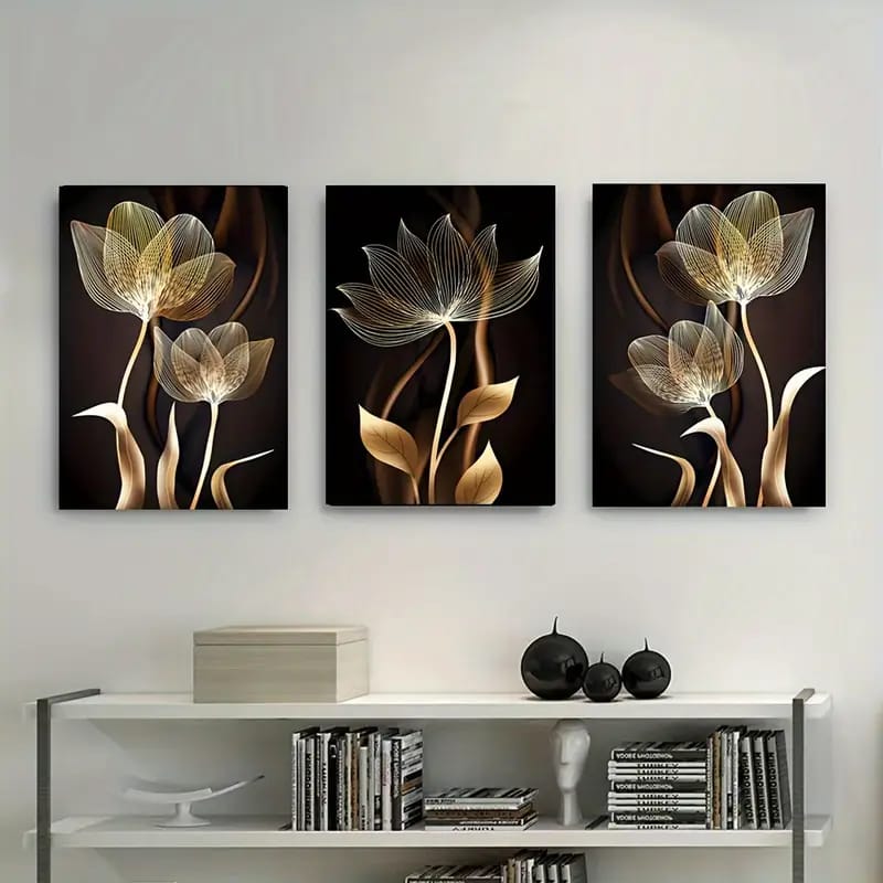 Golden Abstract Floral Wall Art Set – 3 Piece Modern Flower Painting – Elegant Metal Line Art Design – Decorative Wall Frames for Living Room & Bedroom – Home Decoration Items – Wall Décor –  Wall Decoration Items – Room decoration items –Mister Traders