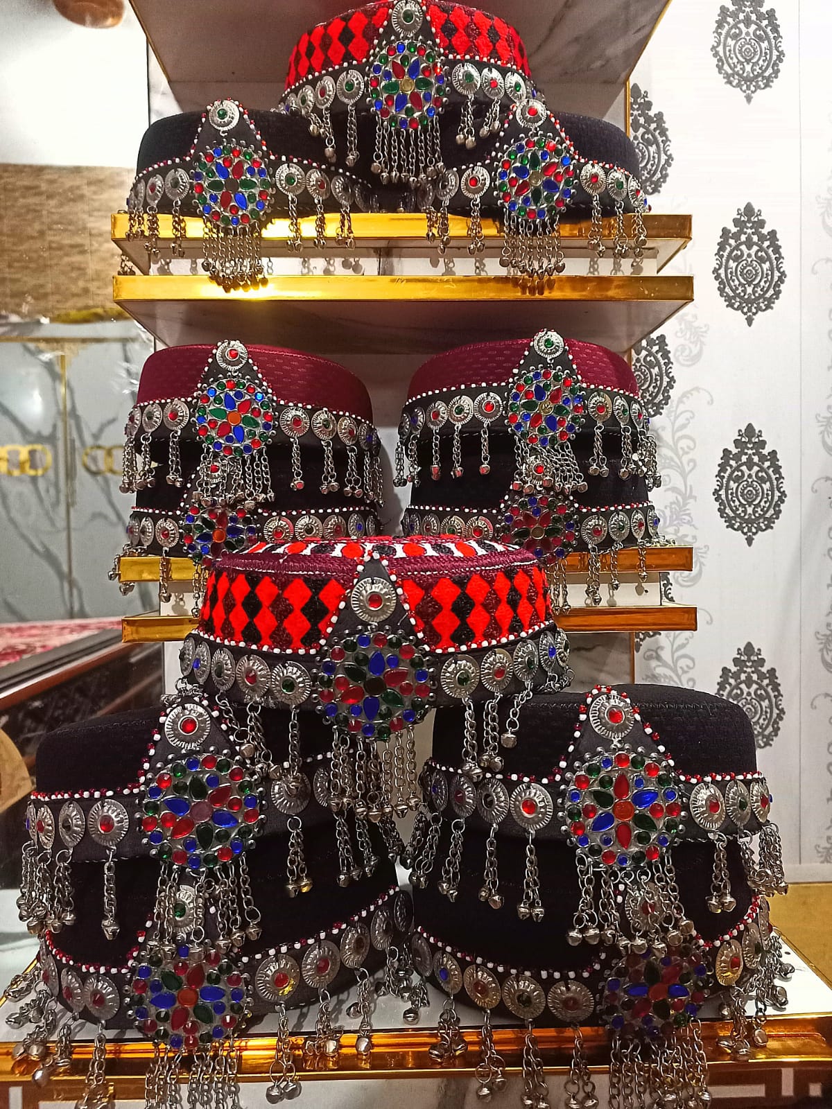Afghan hats &caps Matha Patti With Cap, fashion girls accessories hats caps Hair jewelry, Tribal Patti With Knitted Caps Afghani Cultural Taqiyah Caps with Pendant girls caps and hats