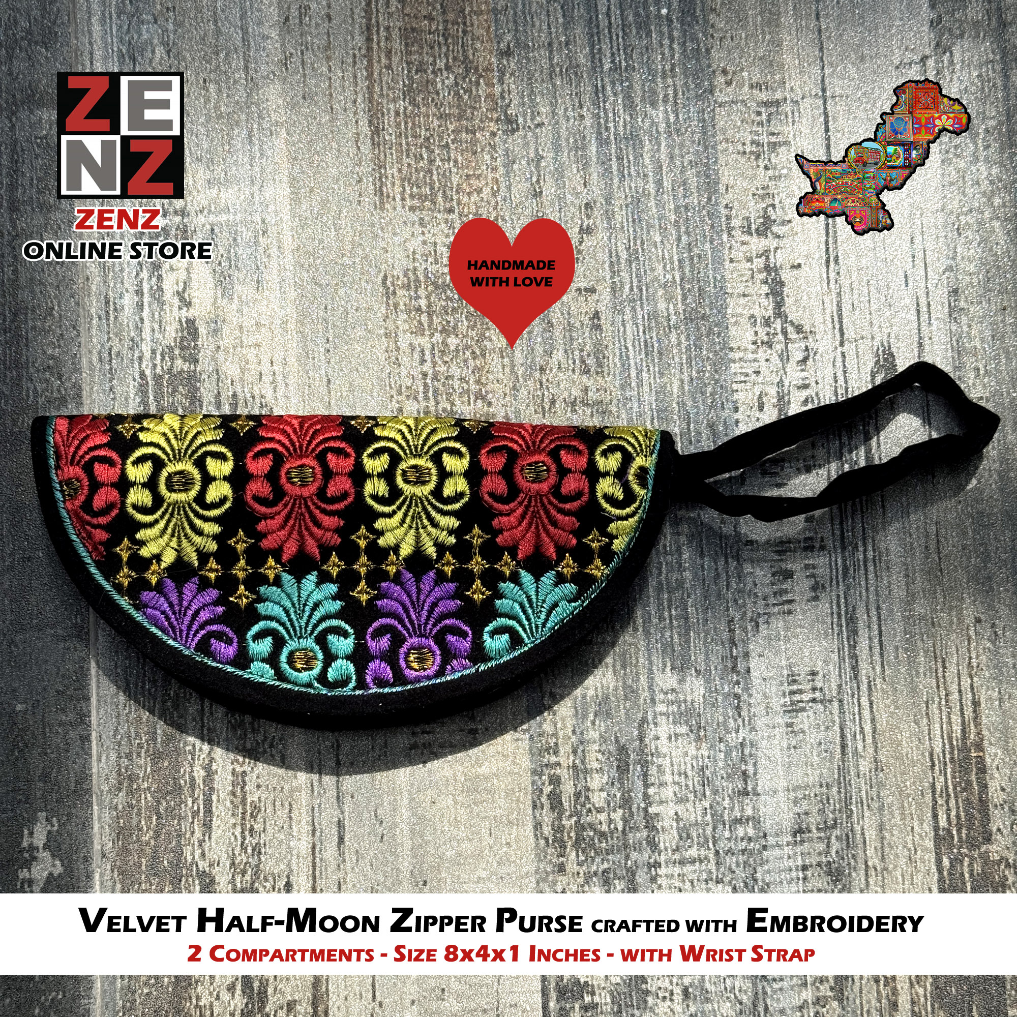 Half Moon Shaped Handmade Black Embroidered Velvet Clutch Purse Size 8x4 Inches crafted with Multicolour Embroidery by ZENZ Pakistani Traditional Vintage Fashion Wear