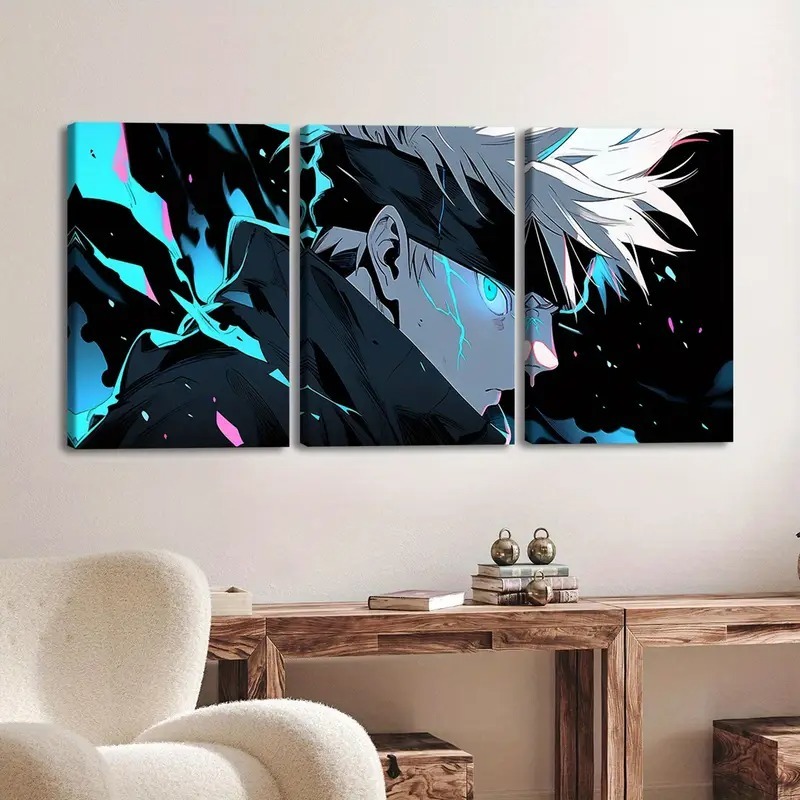 Set of 3 Wooden-stickytile Canvases Featuring Spells And Abstract Anime Art of Gojo, Ideal for Fantasy-Themed Decor. A Great Gift for Friends And Family, Suitable for Home, Room Murals, Office Spaces, And Wall Decoration
