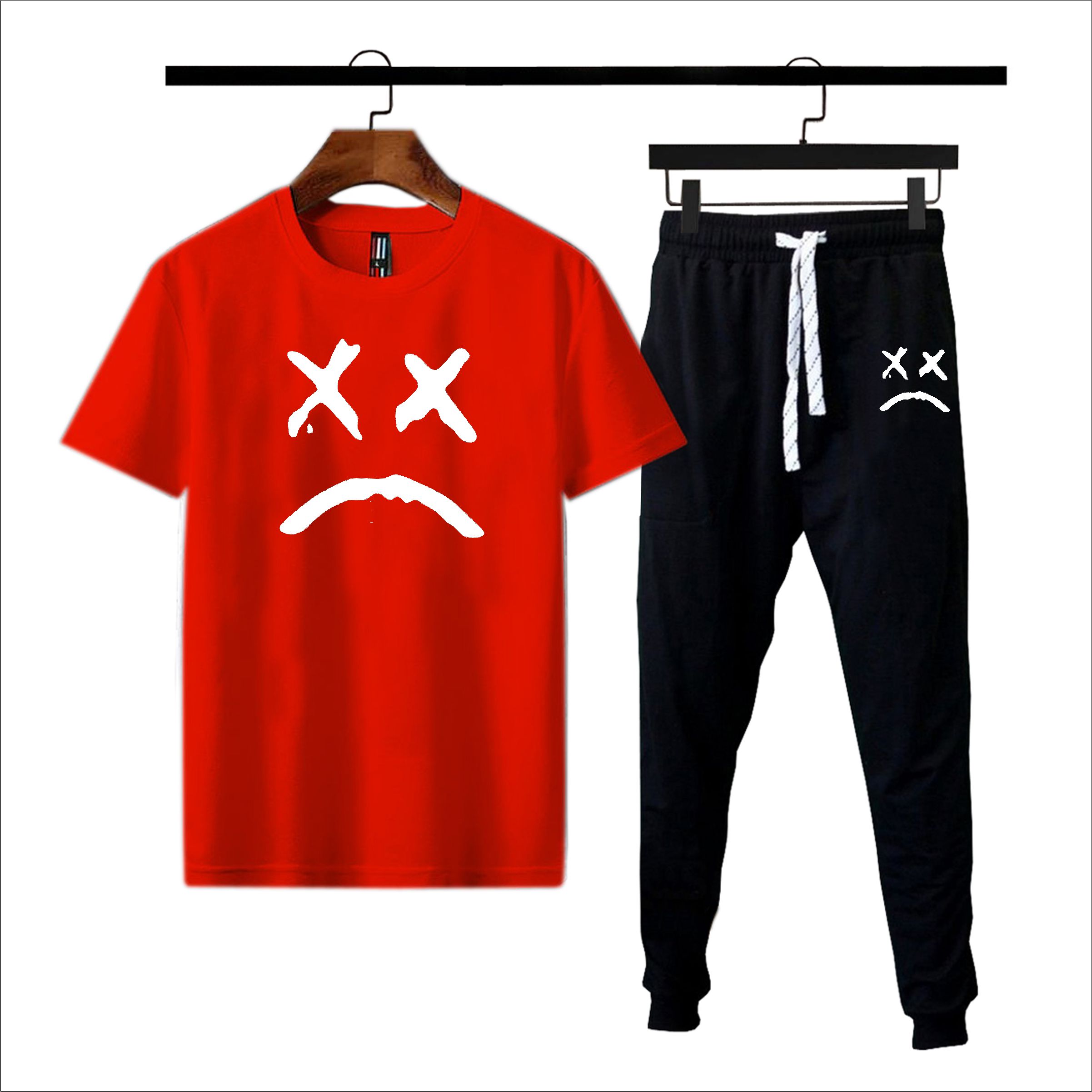 Black Sad face printed Summer Tracksuit For Men & Boys - Soft & Comfortable Fabric T Shirt & Trouser Printed Tracksuit