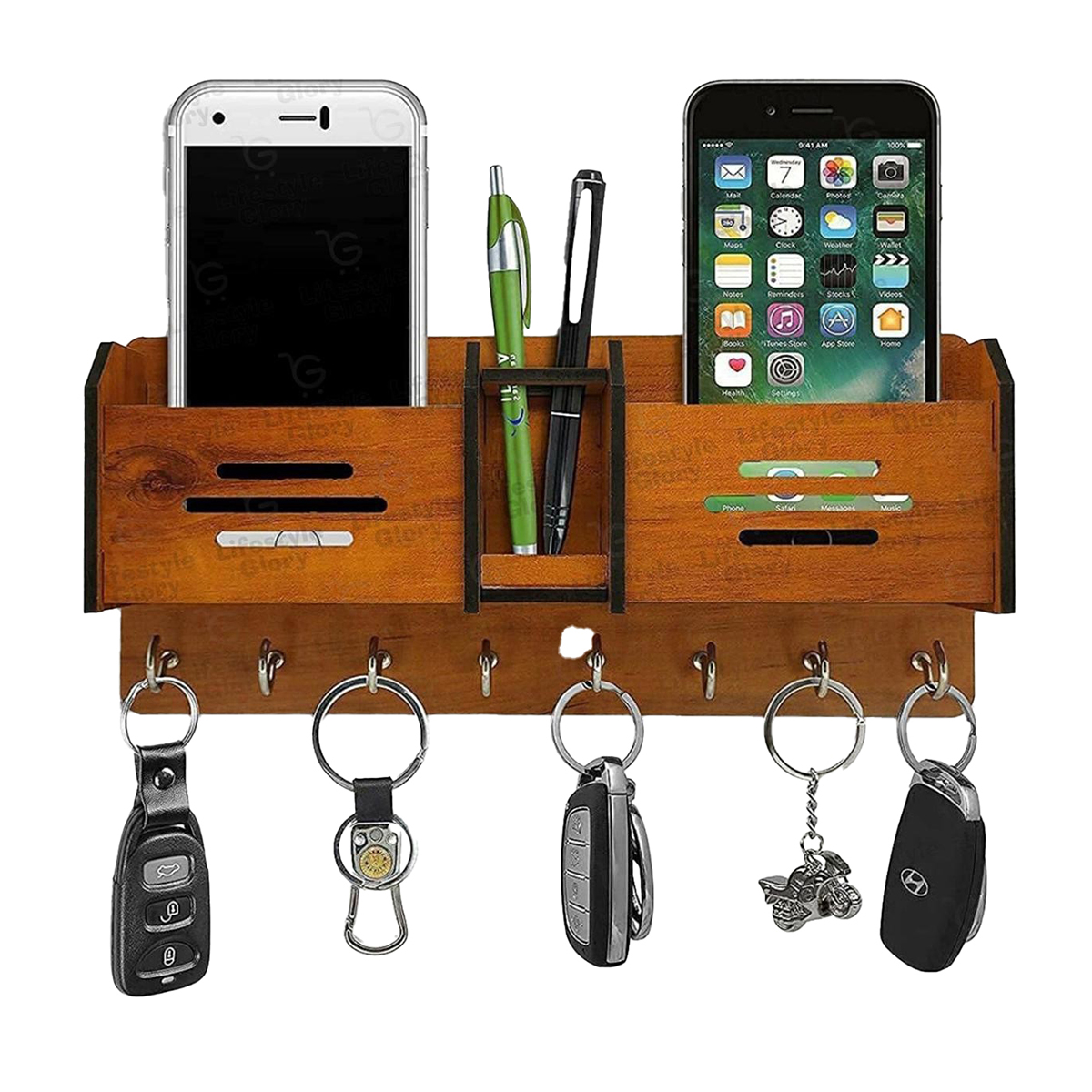 Lifestyle Glory Brand GEOMETRIC multipurpose design Wood Key Holder I 8 Hocks I Brown I Home Decoration items I Wall Decoration items for shop I Wall Decoration items I Wall Hanging for keys I Wall Hanging For Decoration
