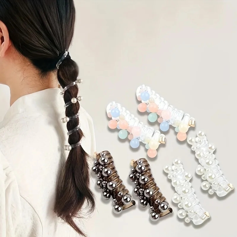 2Pc  New Korean style Pearl Telephone Wire Bow Knot Elastic Hair Band For Women Girls Hair Weaving spiral Cord Rubber Band pearl Hair Accessories