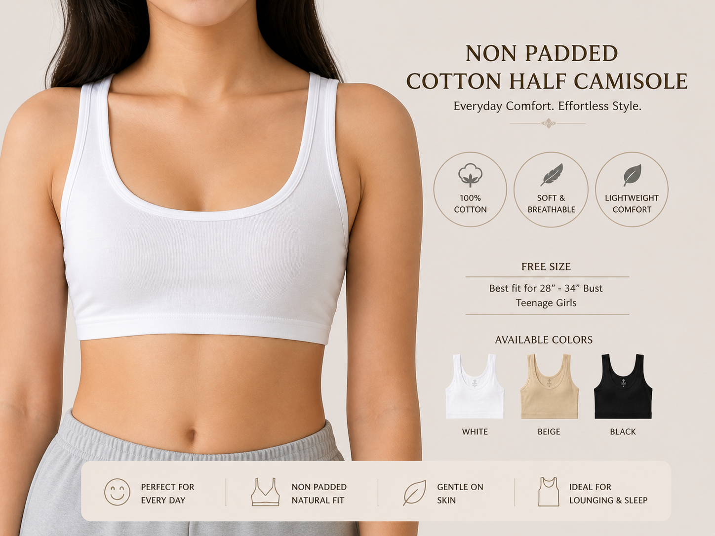 Pack of 6 | 3 | 1 Non Padded Cotton Half Camisole Half Shameez for Girls – Soft Stretch Breathable Crop Tank Bra | Teenagers Training Bra Biddies | Wireless Pull Over Comfort Vest (Free Size 28–34 Bust) Training Bra Biddies