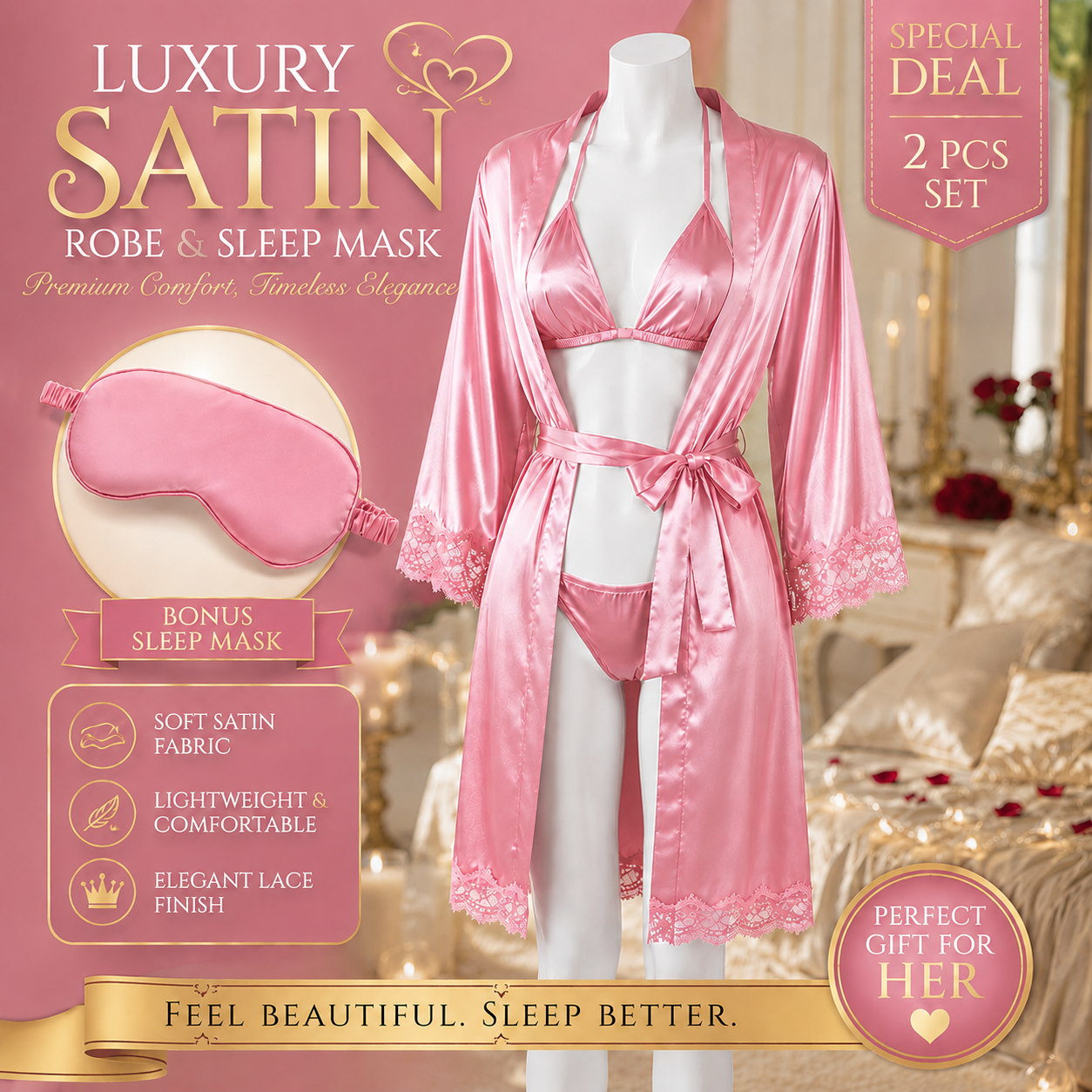 Combo of - 3 Pcs Bridal Net Silk Nighty Set – Gown with Bikini Set 3 Pcs - Nighty Beautiful Bridal / Hoot Saxy Silk Long Gown / Bridal Night Suit / Nightwear / Sleepwear / Night Dress with Bikni set Hot Saxy Long Nighty with Eye Mask - Pink